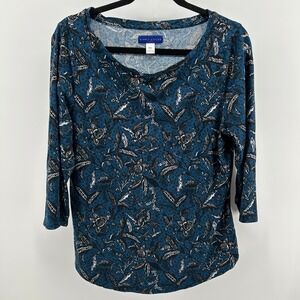 Simply Styled Blue Floral 3/4 Sleeve Pullover Top Large Casual Office Workwear